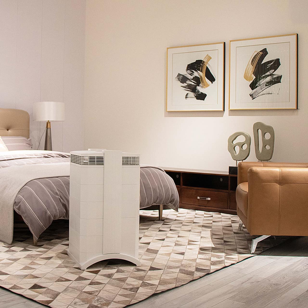 Air purifier running in a clean, comfortable living room