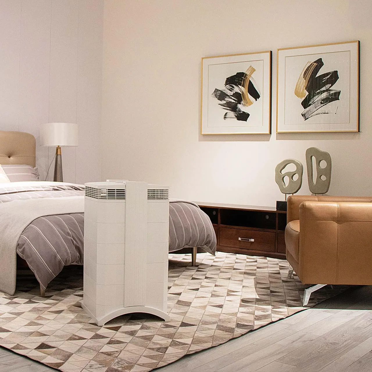 Air purifier running in a clean, comfortable living room