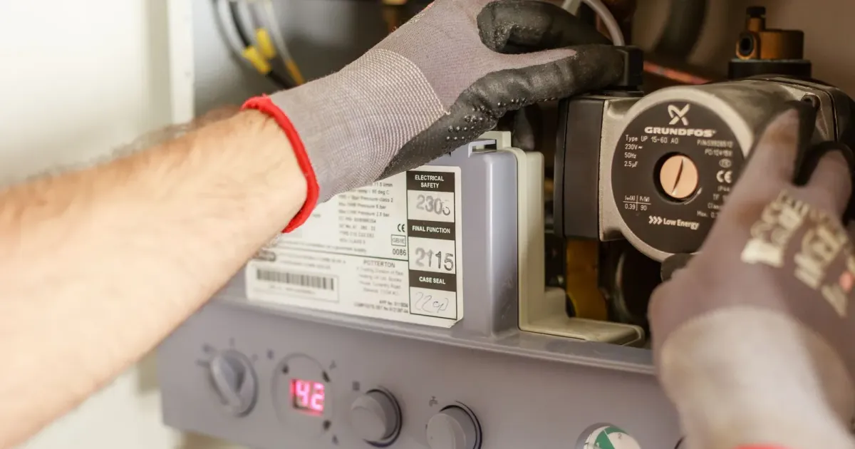 Technician in work gloves checking the circulator pump on a boiler