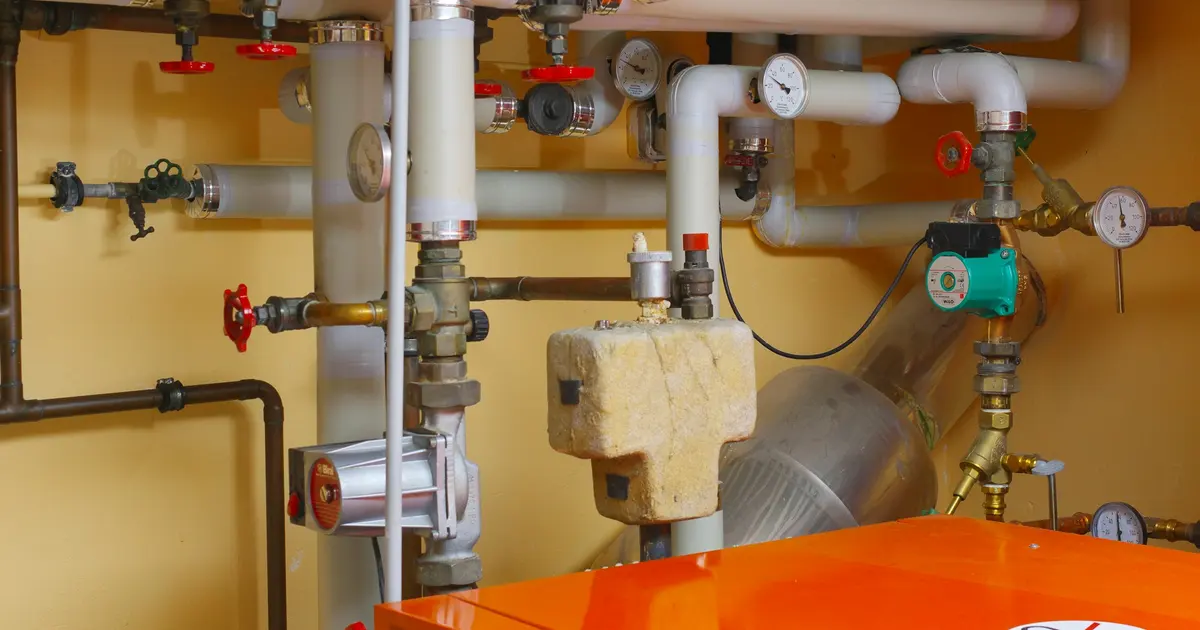 Hot water boiler with its circulator pump, pressure and temperature gauges, and valves in a boiler room