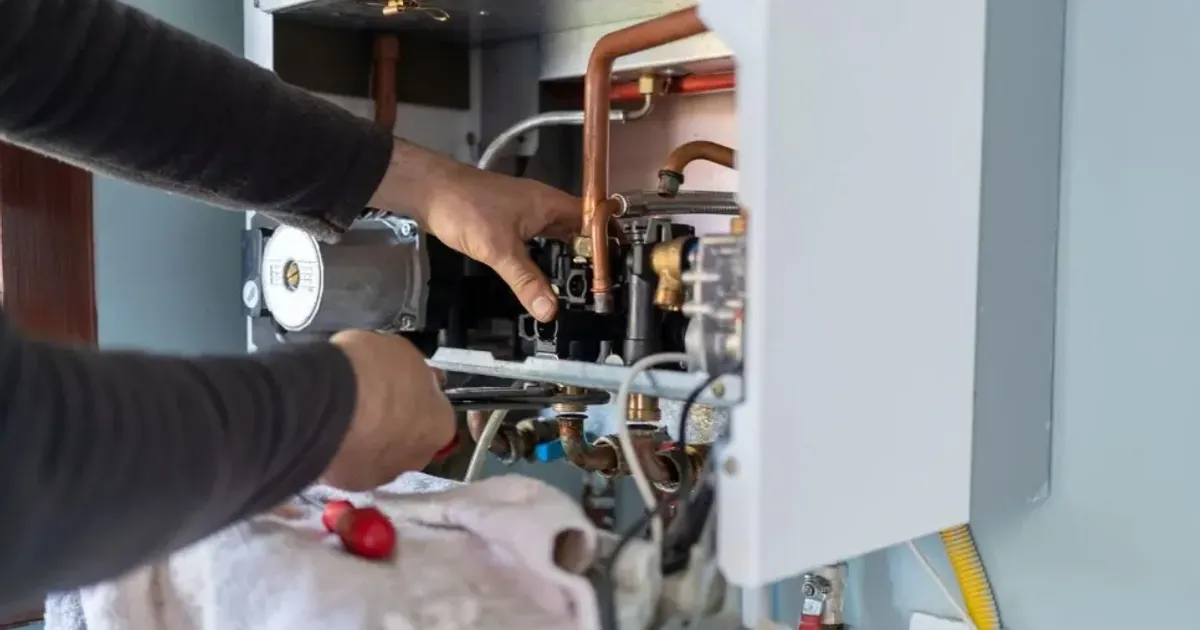 Technician working on the copper piping of a wall-hung boiler