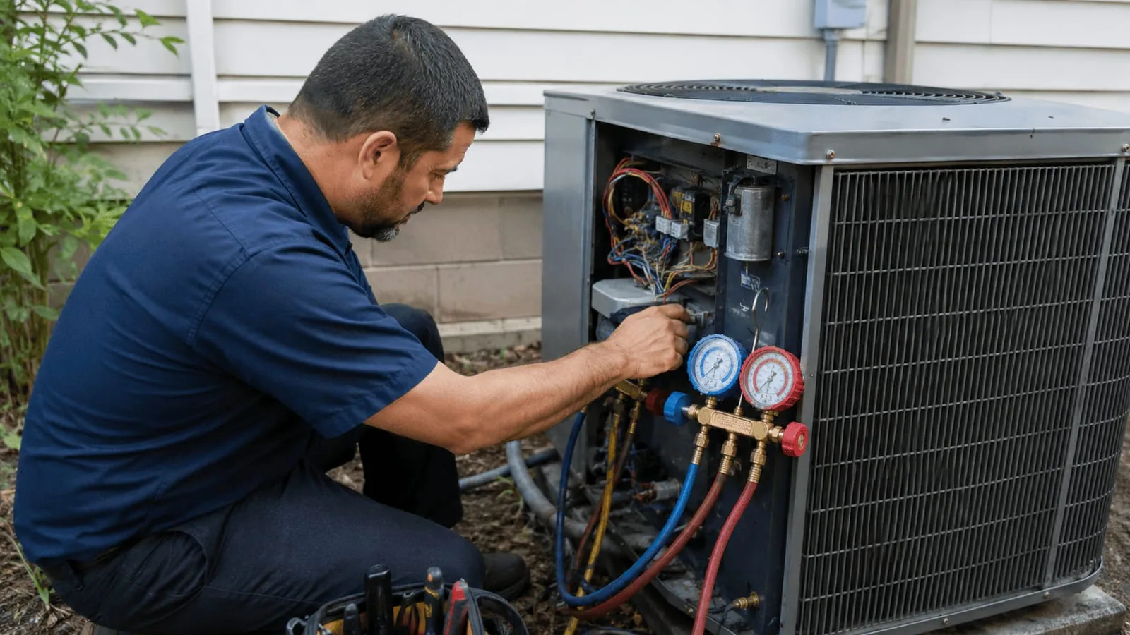 Technician performing maintenance on an outdoor AC condenser unit