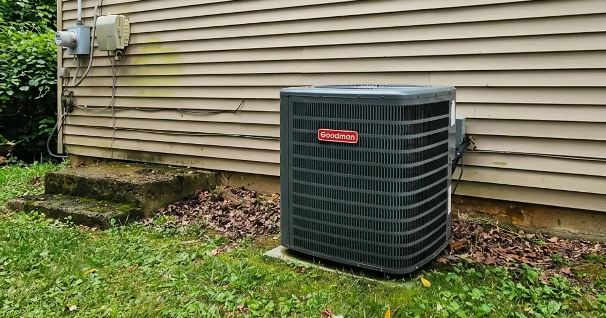 Outdoor heat pump unit on a pad beside a house with vinyl siding