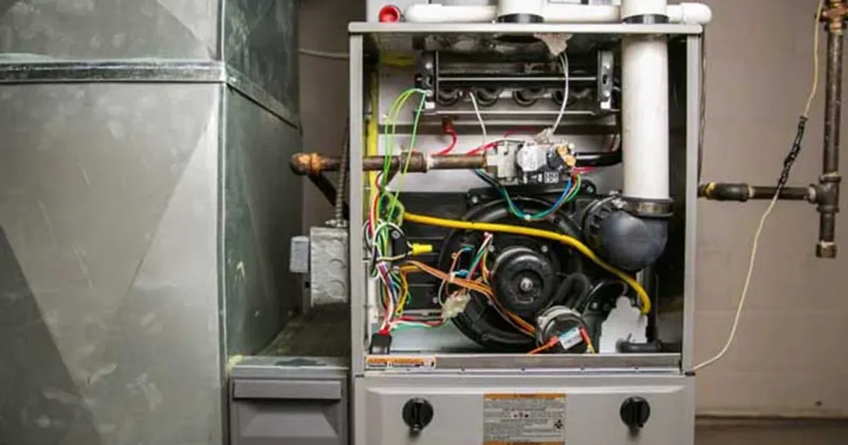 Open furnace cabinet showing the burners, blower, and wiring