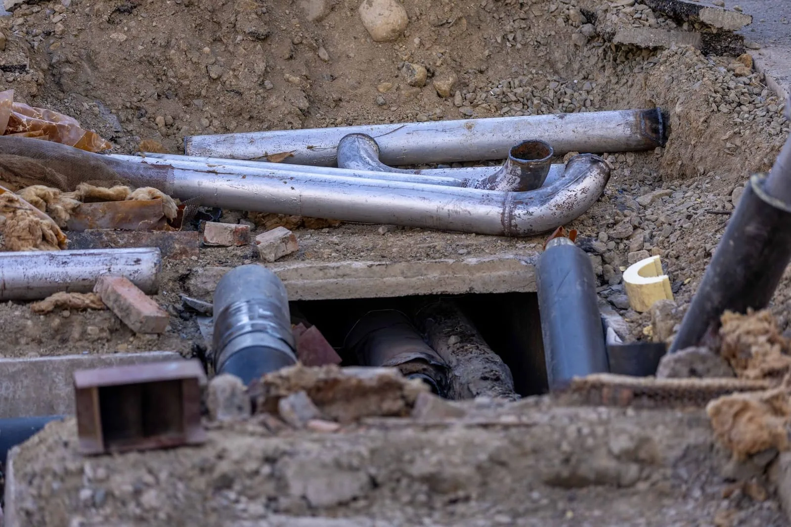Excavated trench exposing a sewer pipe