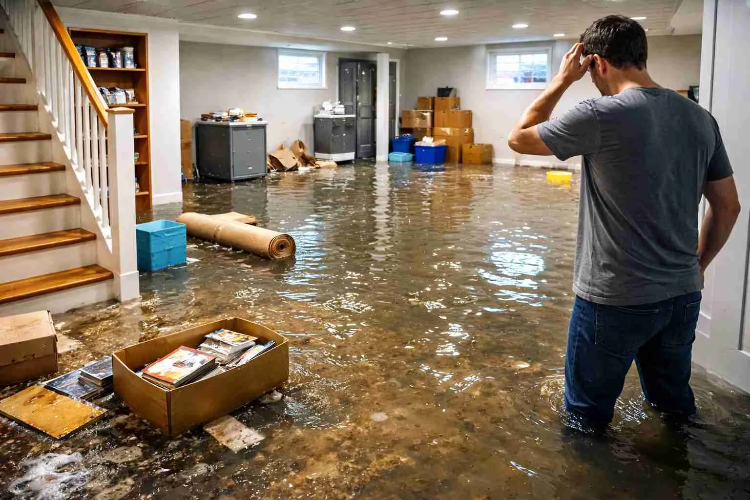 Homeowner standing in a flooded basement looking at the water damage