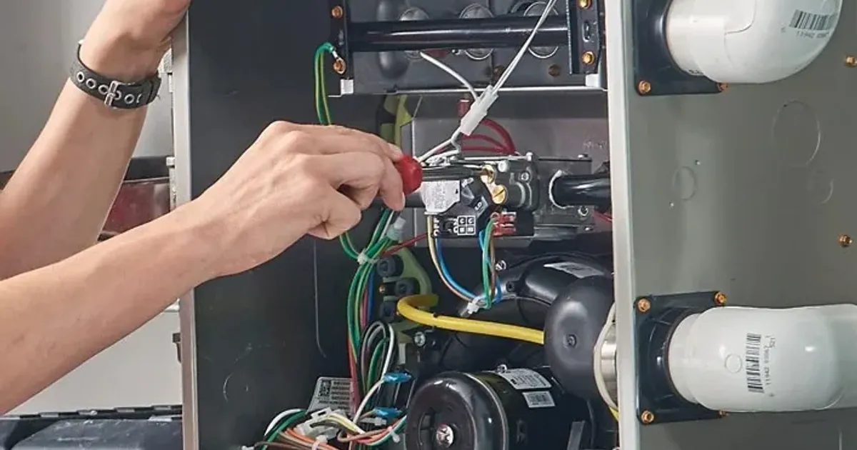 Technician checking the wiring inside a furnace