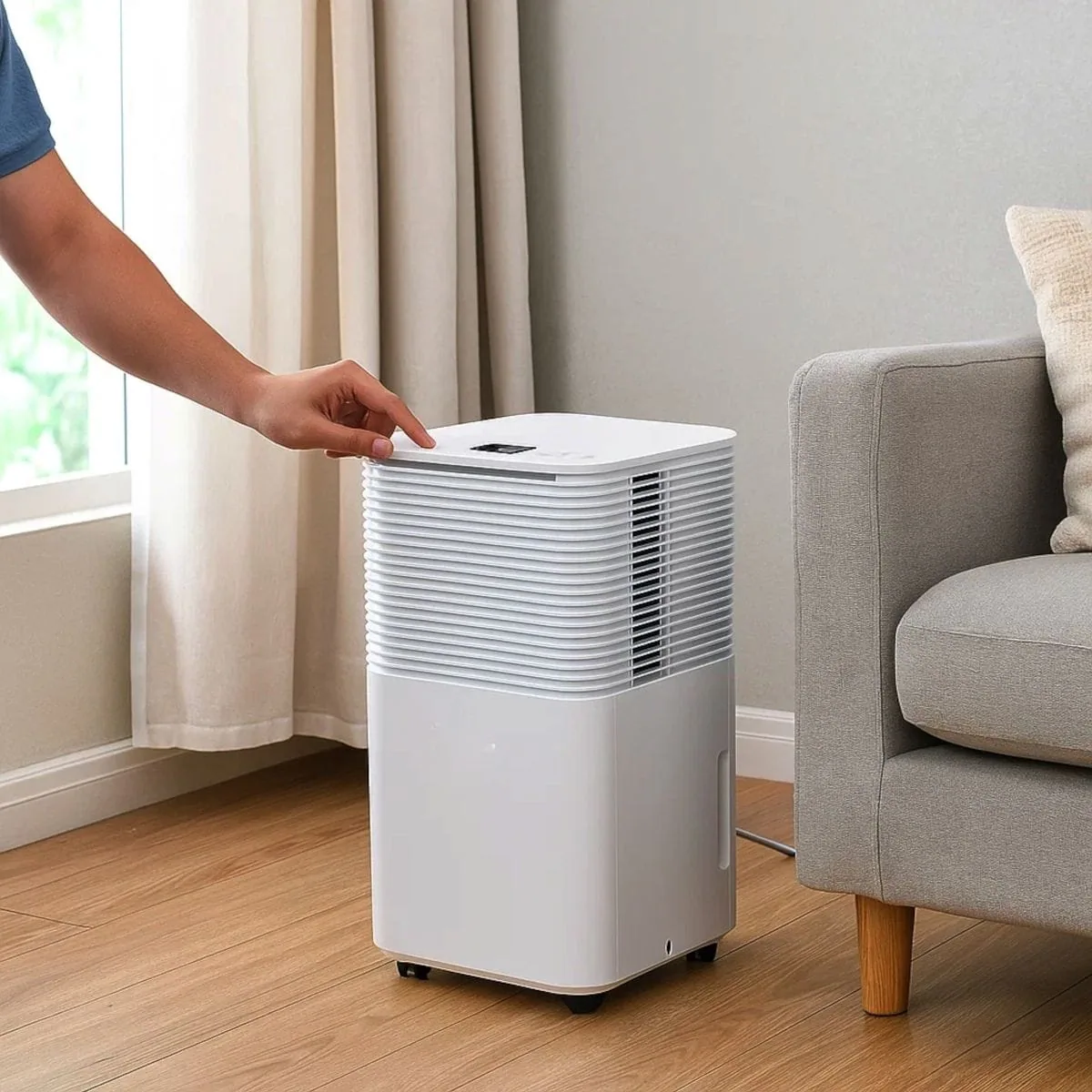 Man sweating in front of a fan in a humid room