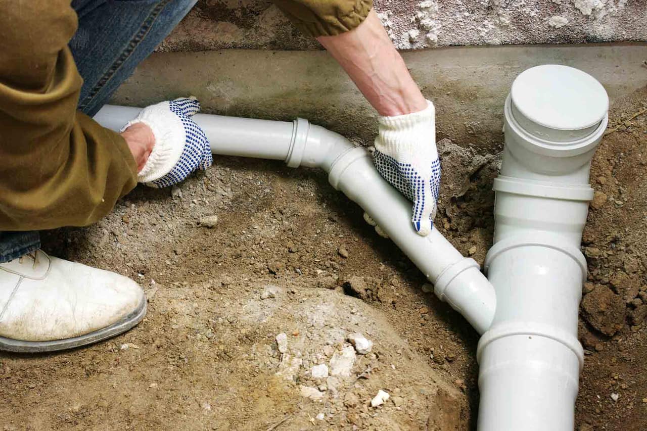 Plumber installing PVC sewer pipe and a main drain cleanout