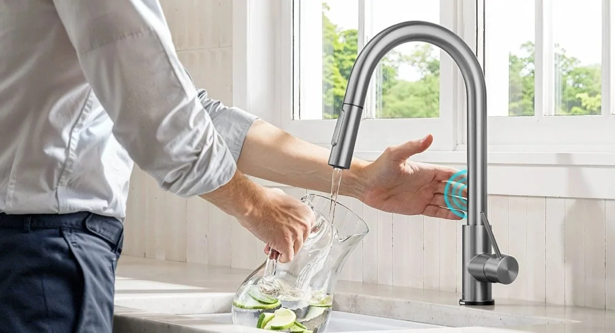 Modern kitchen faucet running water in a bright, warm home