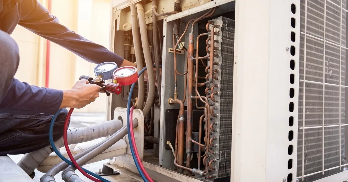 HVAC technician checking refrigerant pressure with gauges on an outdoor air conditioning unit