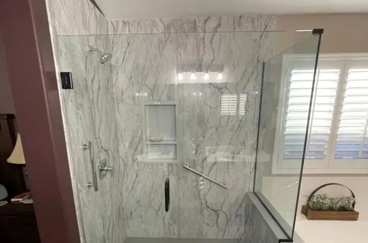 Shower running in a dimly lit bathroom during a power outage