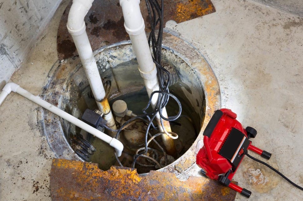 Sump pump sitting in a basement sump pit with discharge piping