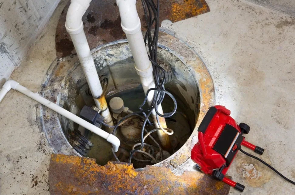 Sump pump sitting in a basement sump pit with discharge piping