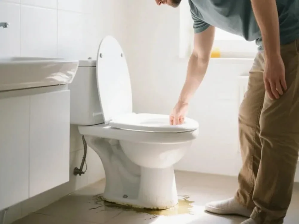 Water pooling around the base of a leaking toilet