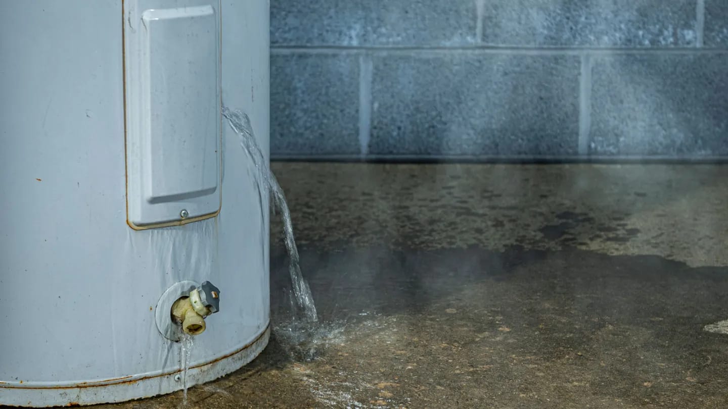 Water pooling on the floor beneath a leaking residential water heater