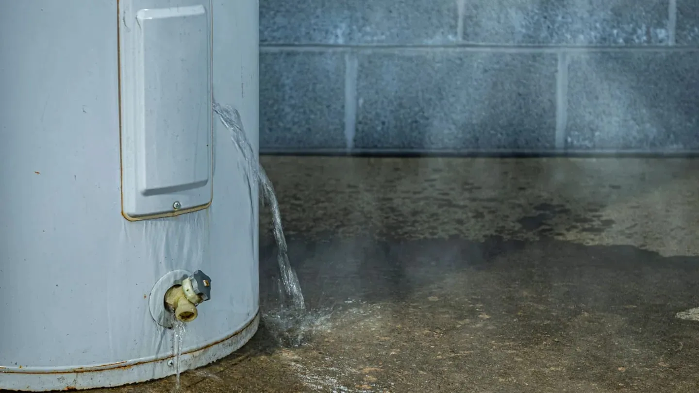 Water pooling on the floor beneath a leaking residential water heater