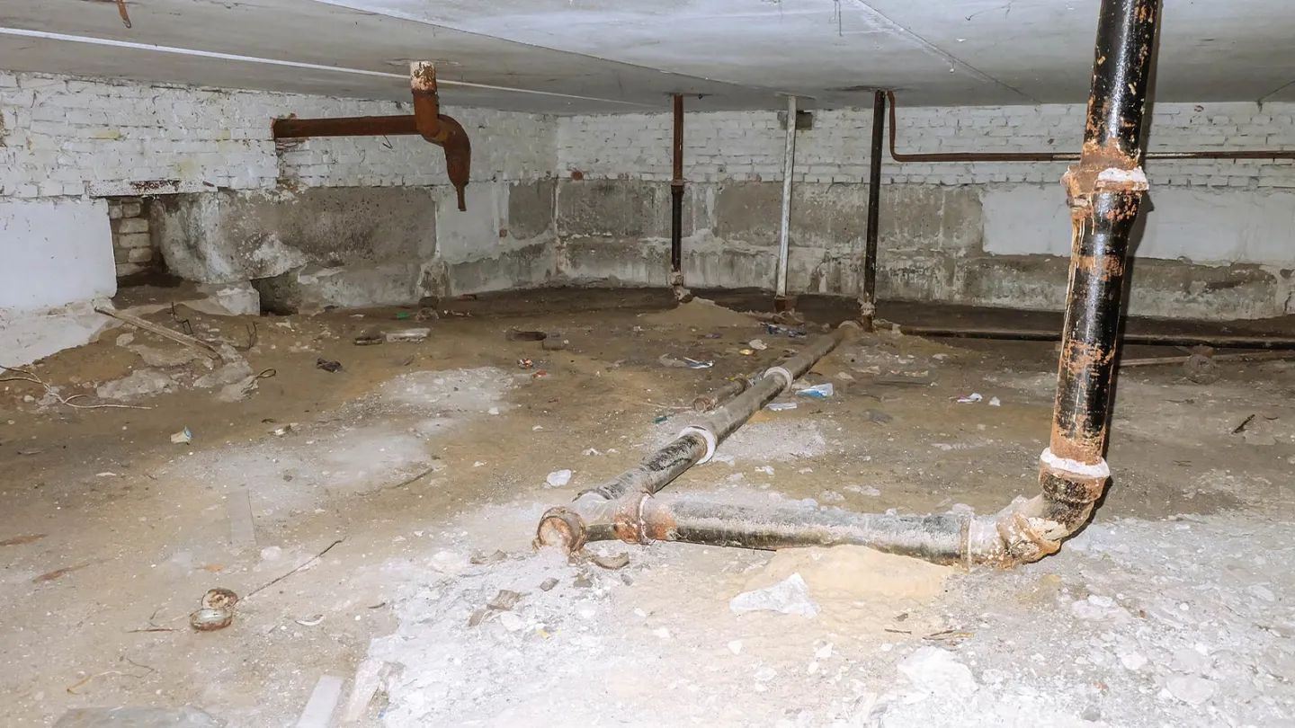 Old, rusted pipes in a damp basement crawlspace