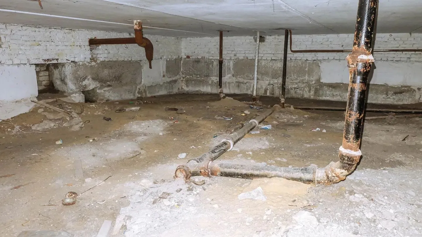 Old, rusted pipes in a damp basement crawlspace