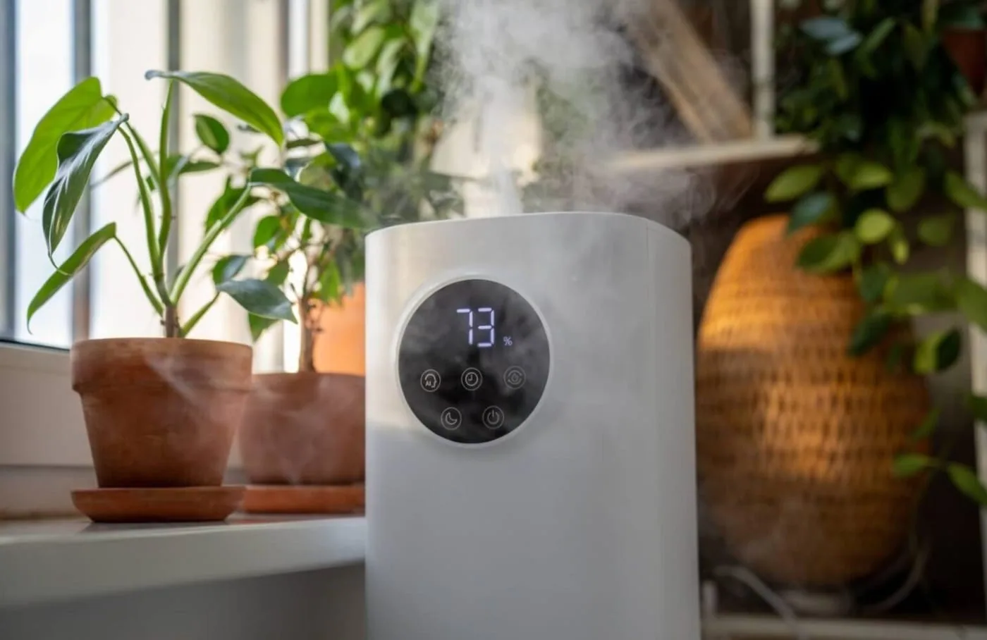 Home humidifier releasing mist next to houseplants on a windowsill